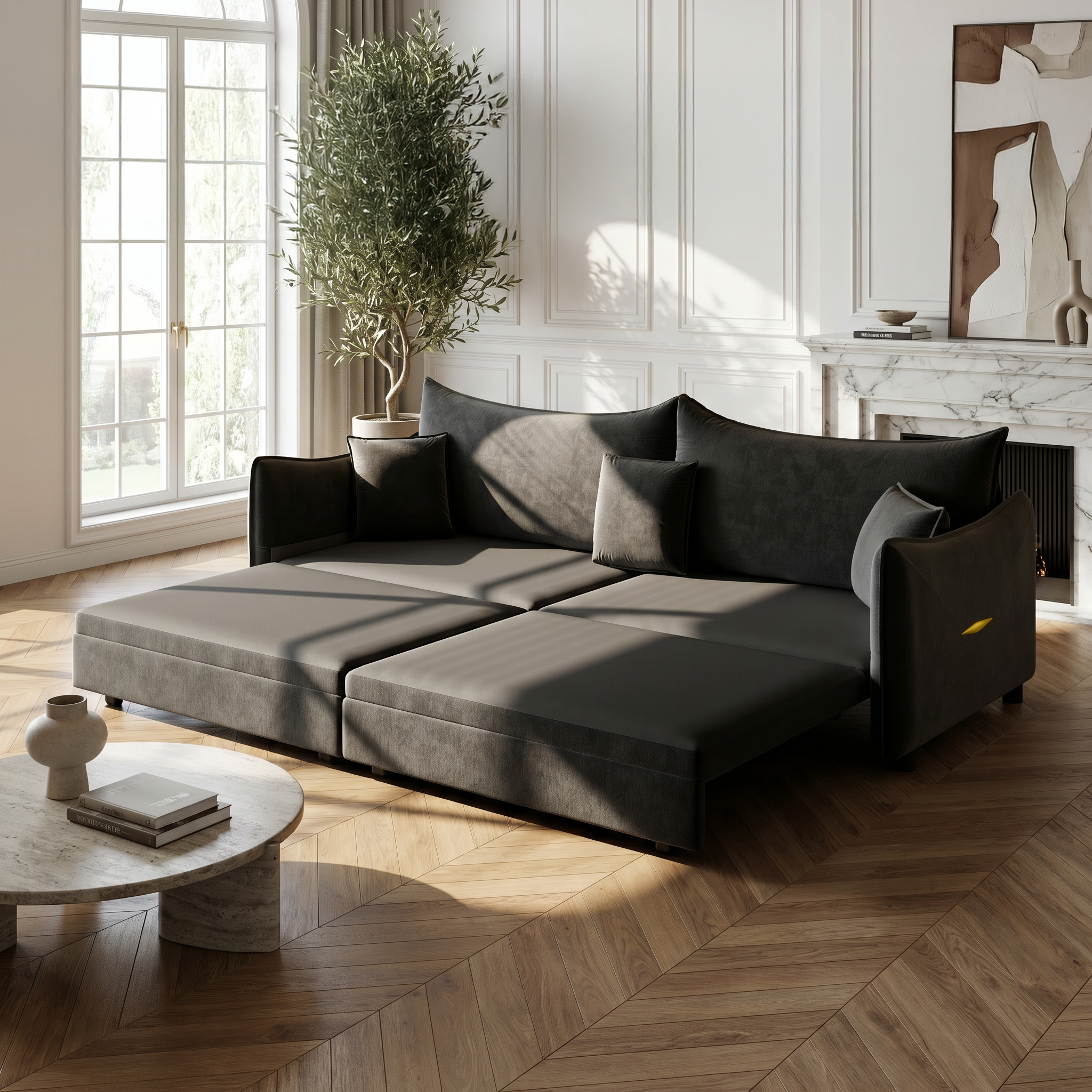 Hesperia black convertible sofa bed showing full sleeper bed setup in modern living room