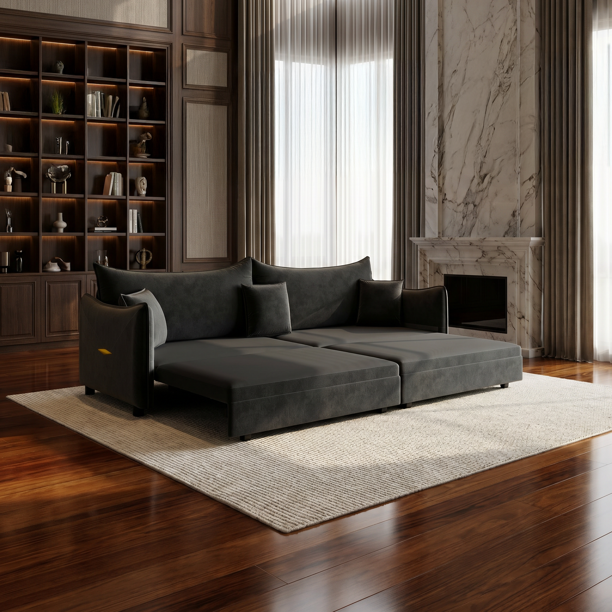 Hesperia black convertible sofa bed showing spacious bed mode in luxury interior