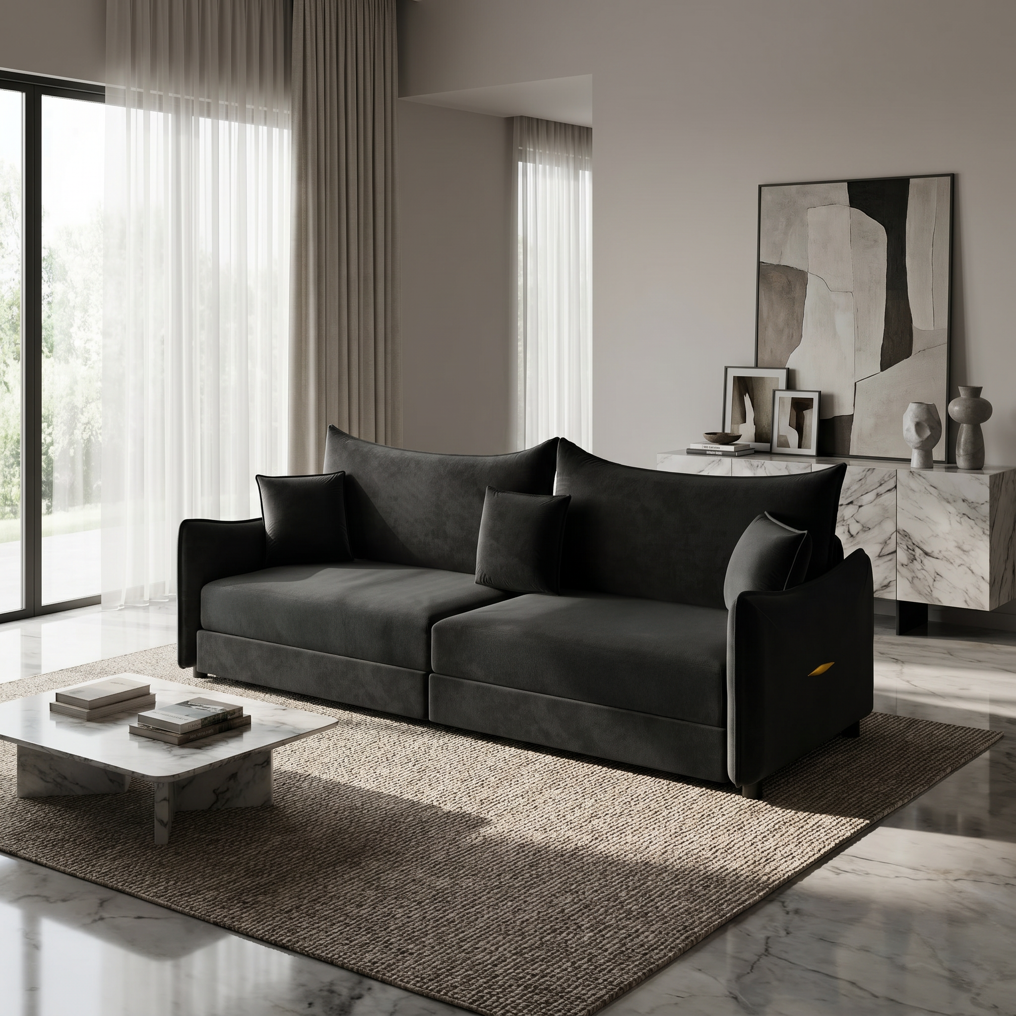 Hesperia black convertible sofa bed in modern marble living room with pillows