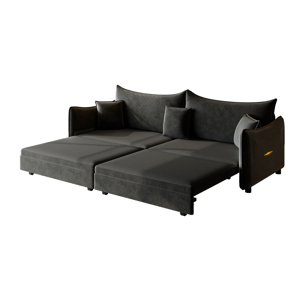 Hesperia black convertible sofa bed showing full bed configuration on white background