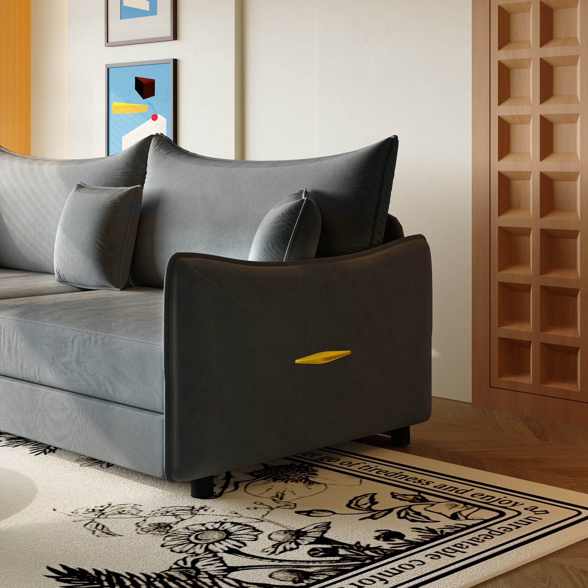 Close-up detail of Hesperia grey convertible sofa bed armrest and accent pillows