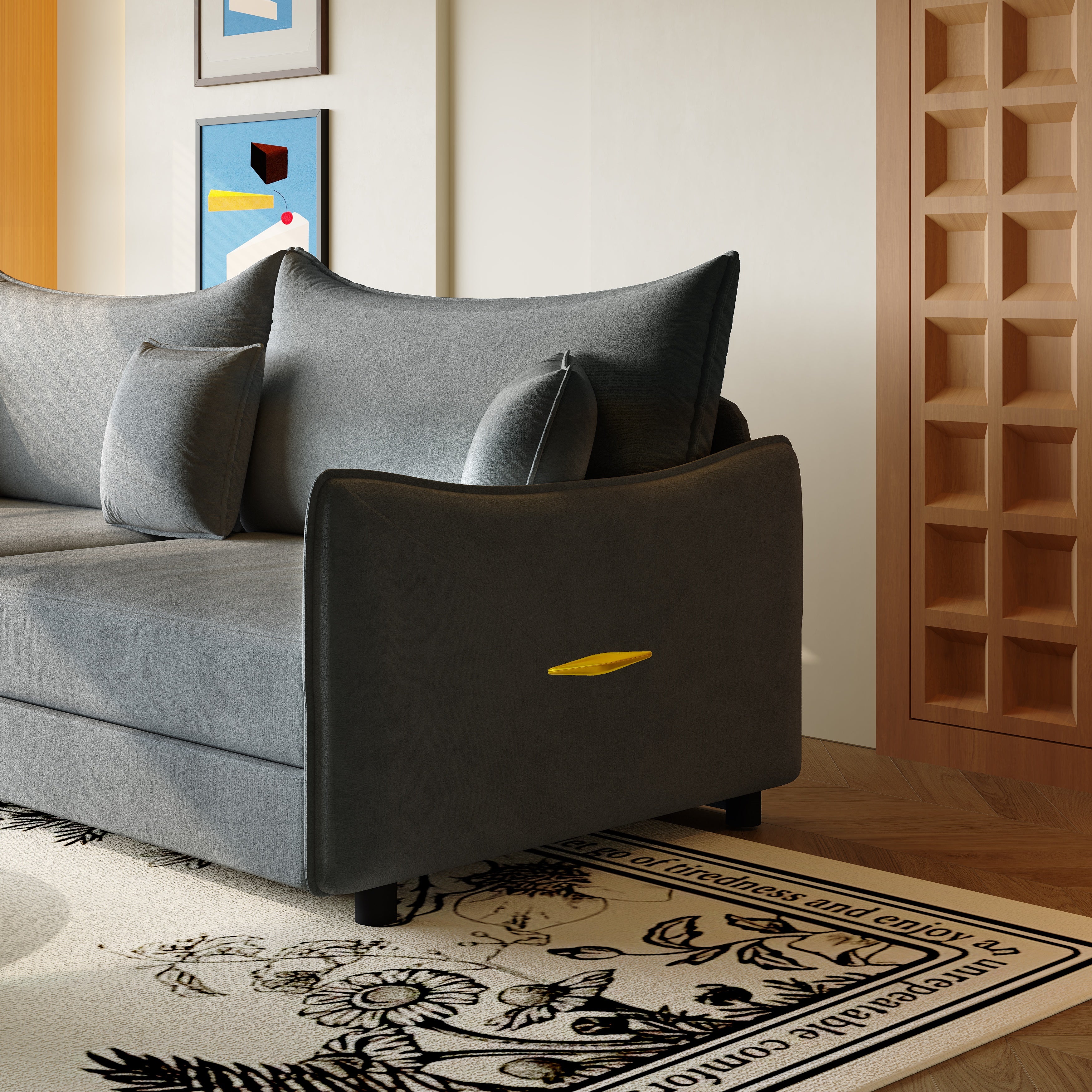 Close-up detail of Hesperia grey convertible sofa bed armrest and accent pillows