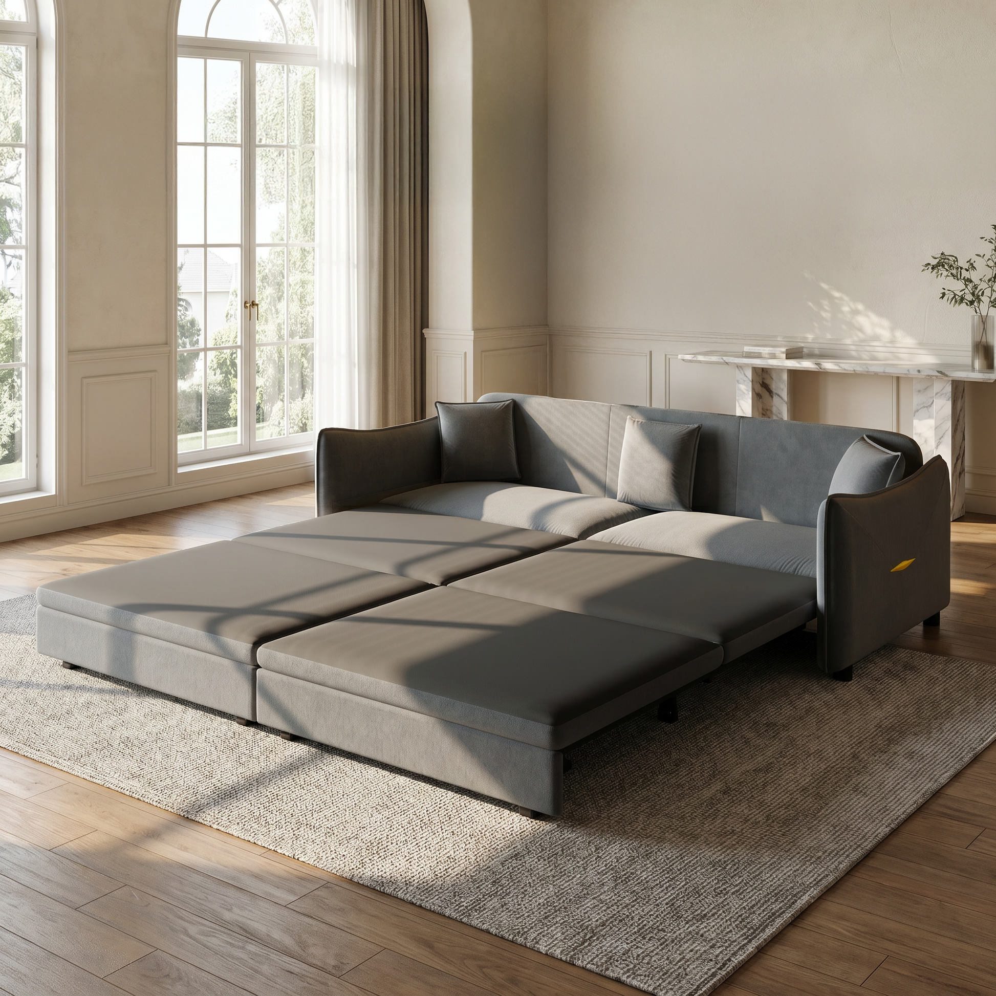 Hesperia grey convertible sofa bed showing full sleeper bed setup in modern living room
