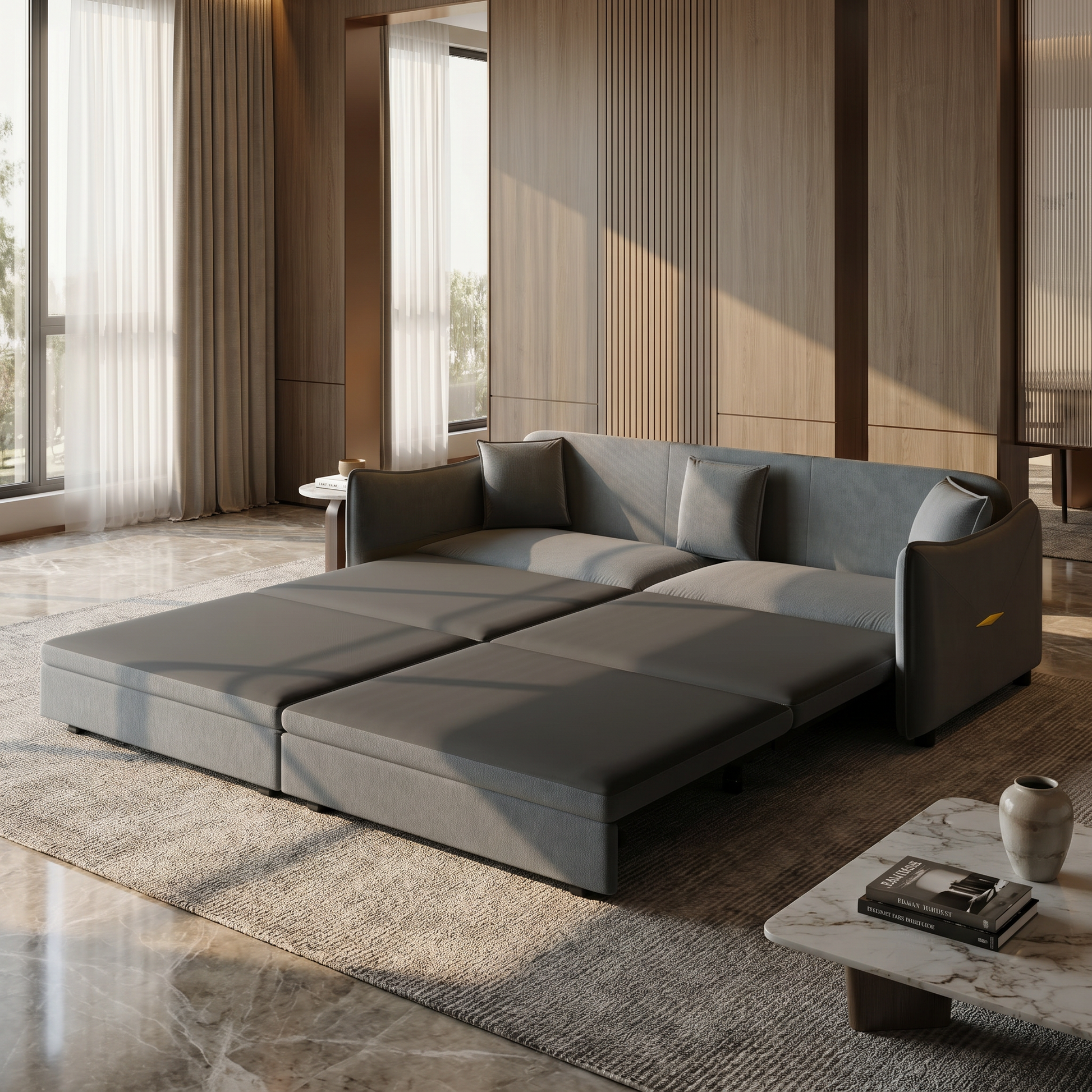 Hesperia grey convertible sofa bed showing extended bed mode with accent pillows