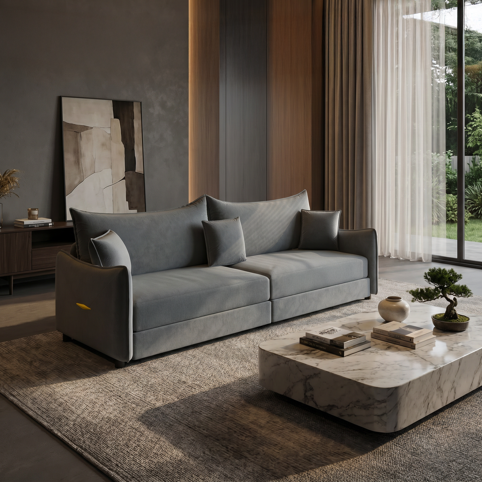 Hesperia grey convertible sofa bed showing angled sofa setup in luxury room