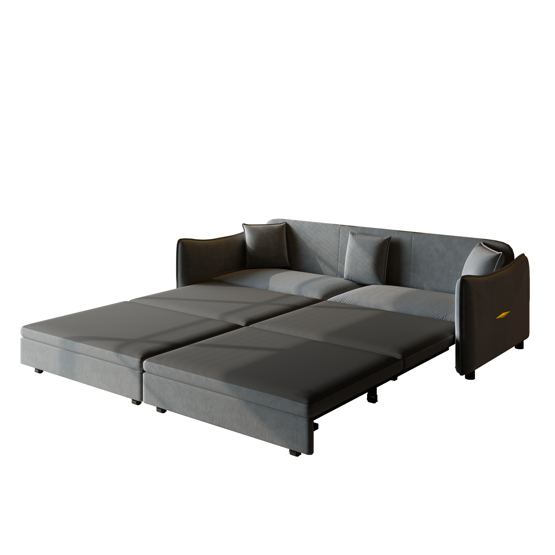 Hesperia grey convertible sofa bed showing full bed mode on white background