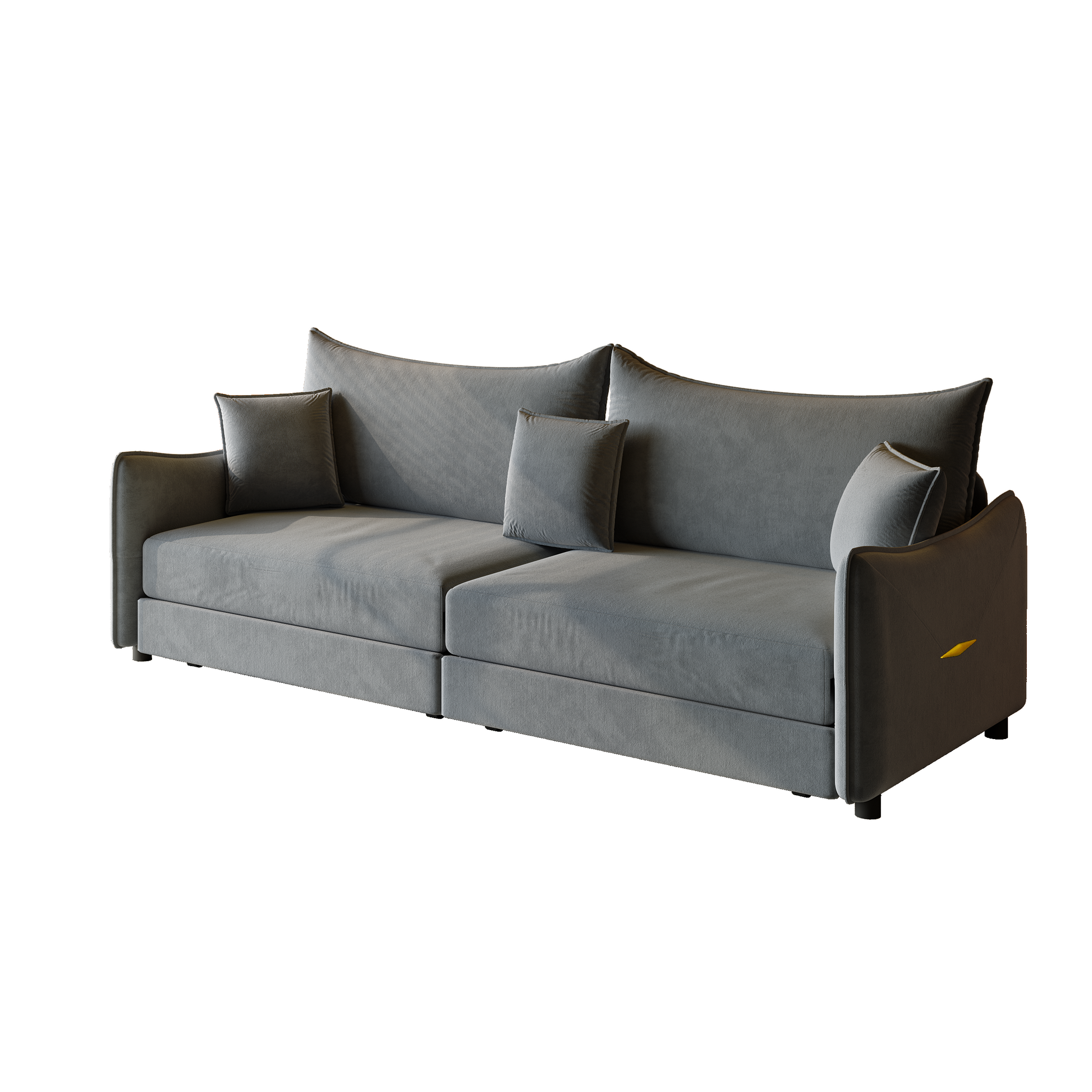 Hesperia grey convertible sofa bed showing angled sofa mode with matching pillows