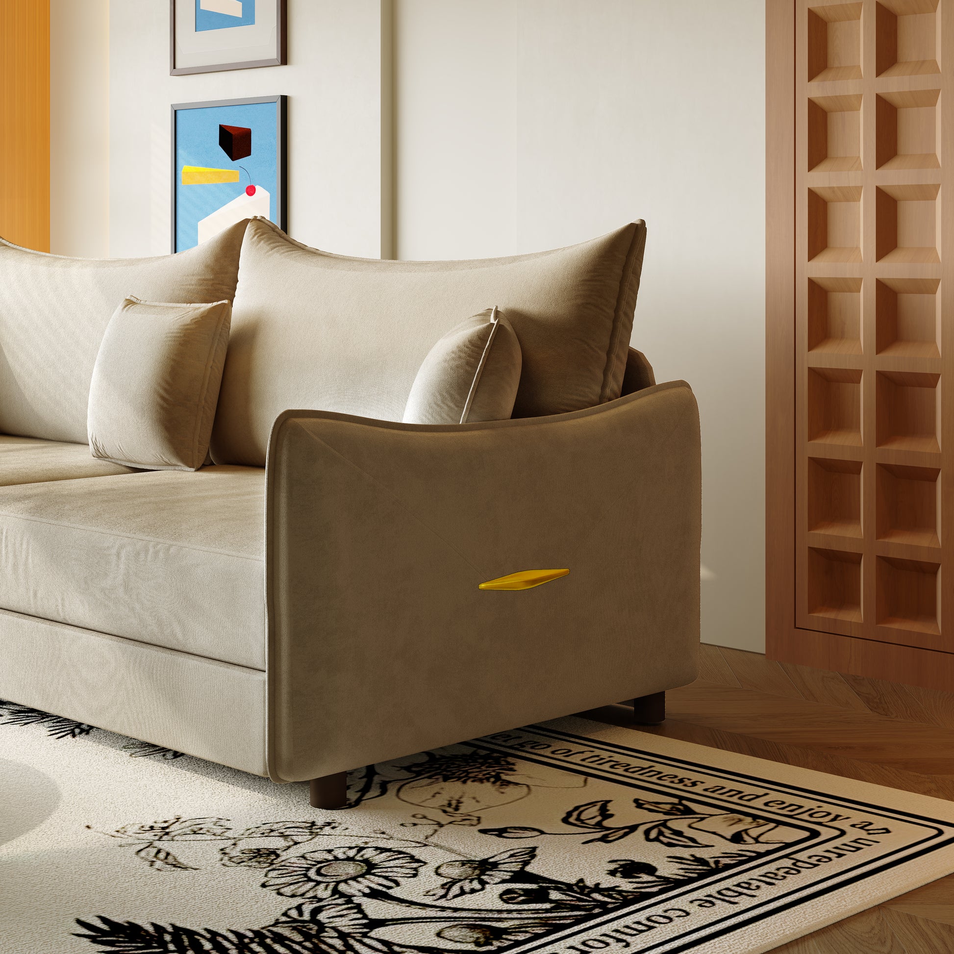 Hesperia light camel sofa bed showing side arm and backrest detail