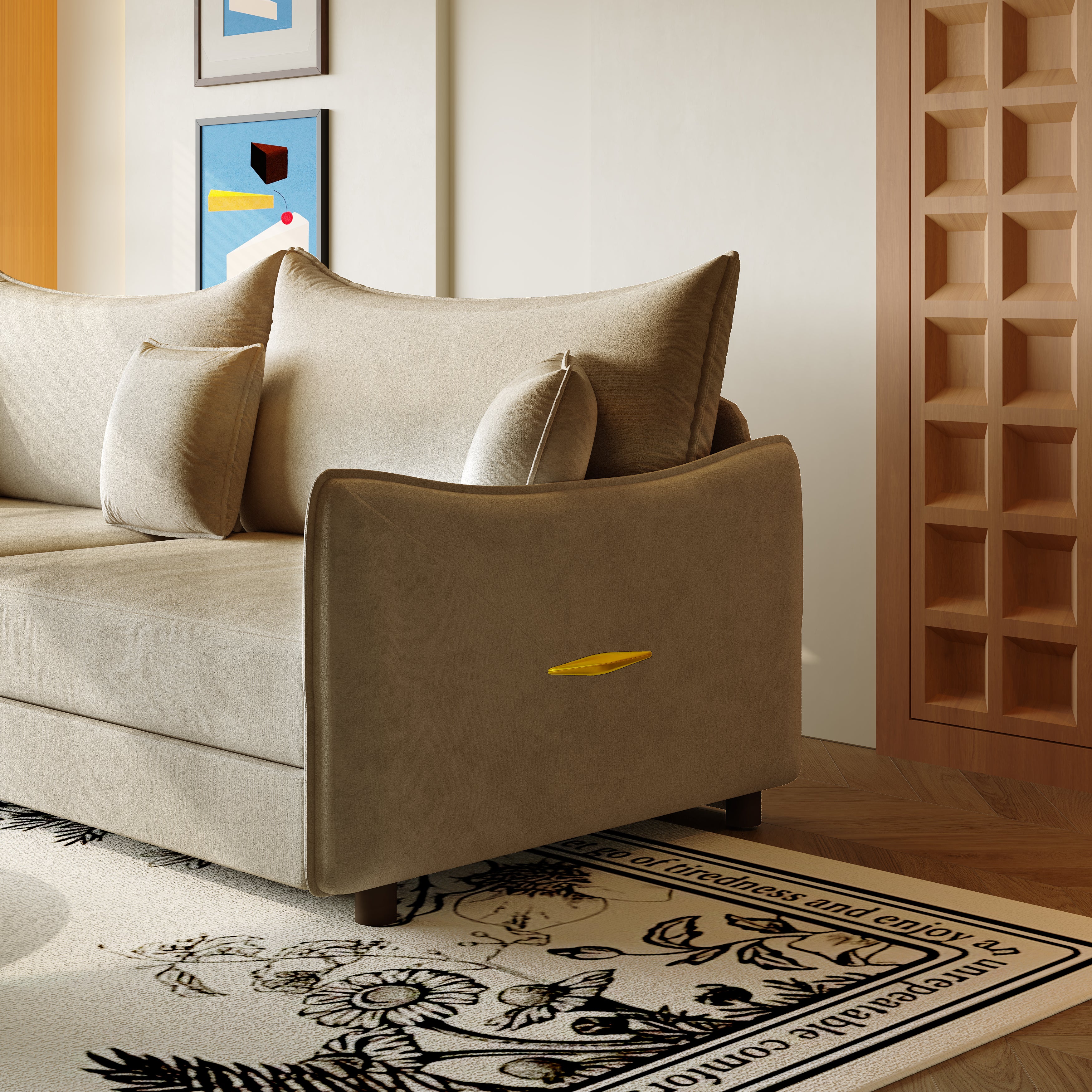 Hesperia light camel sofa bed showing side arm and backrest detail