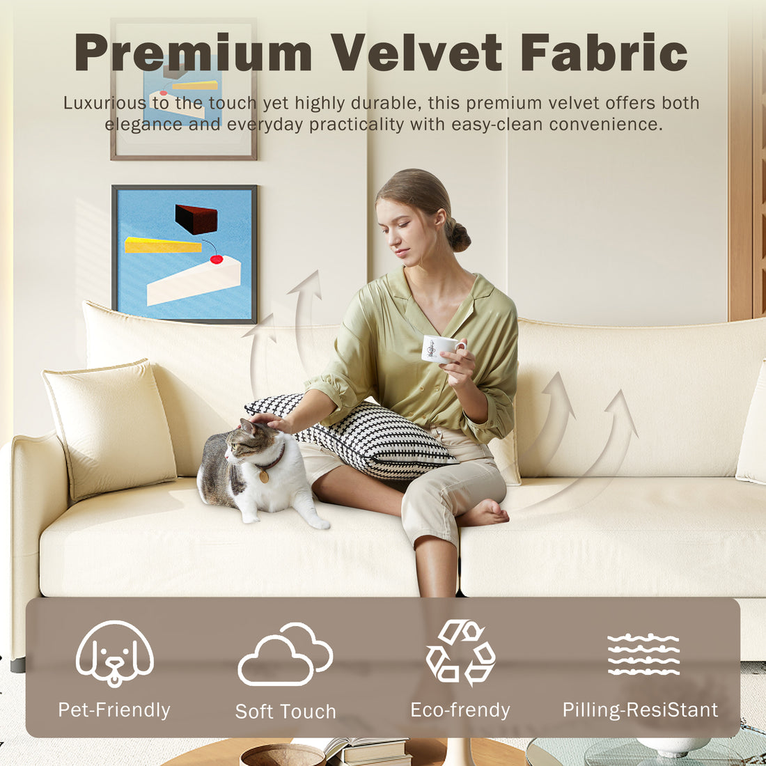 Hesperia light camel sofa bed showing premium velvet fabric detail