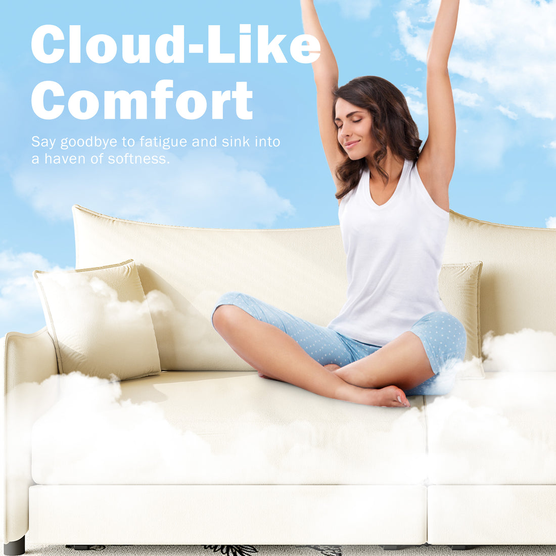 Hesperia light camel sofa bed showing cloud-like cushioned comfort detail