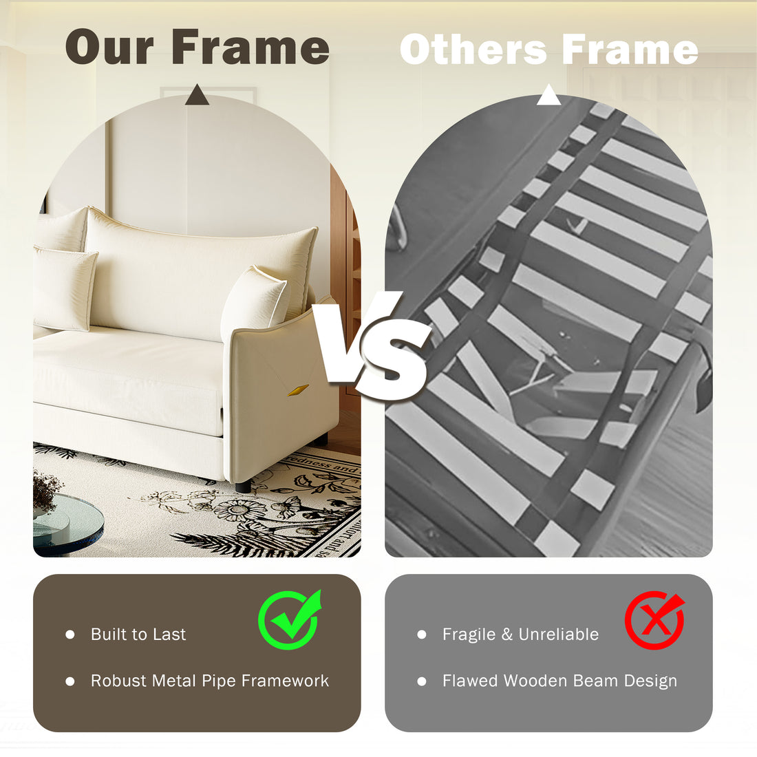 Hesperia light camel sofa bed showing robust metal pipe frame construction detail