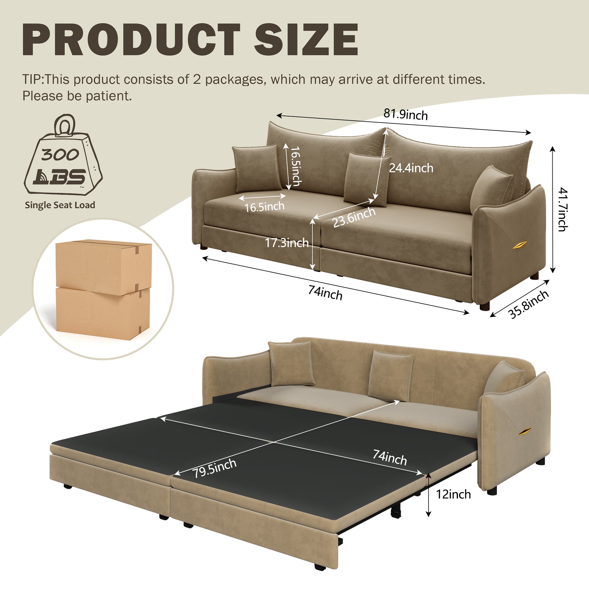 Hesperia light camel convertible sofa bed showing product dimensions