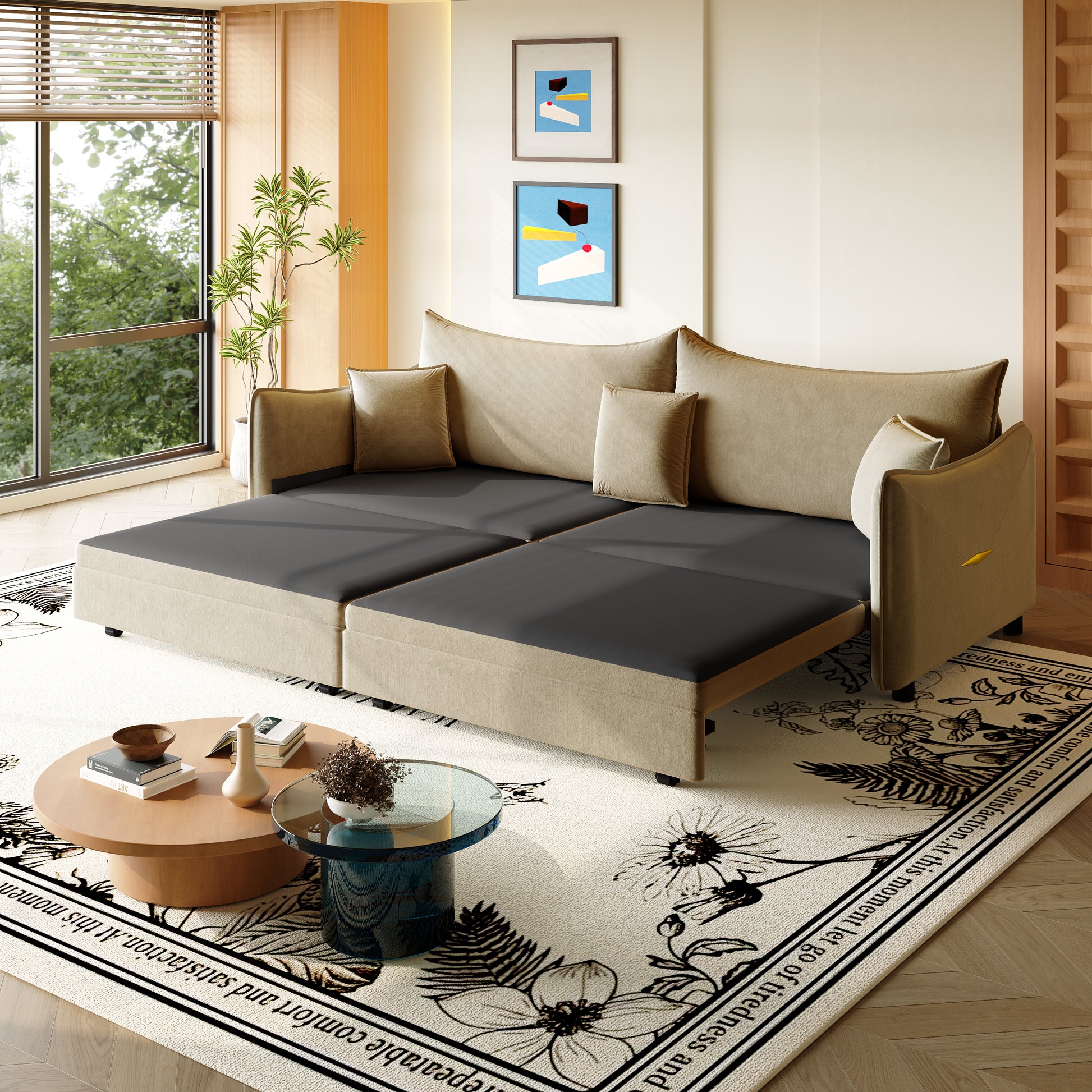 Hesperia light camel convertible sofa bed shown opened flat in a living room