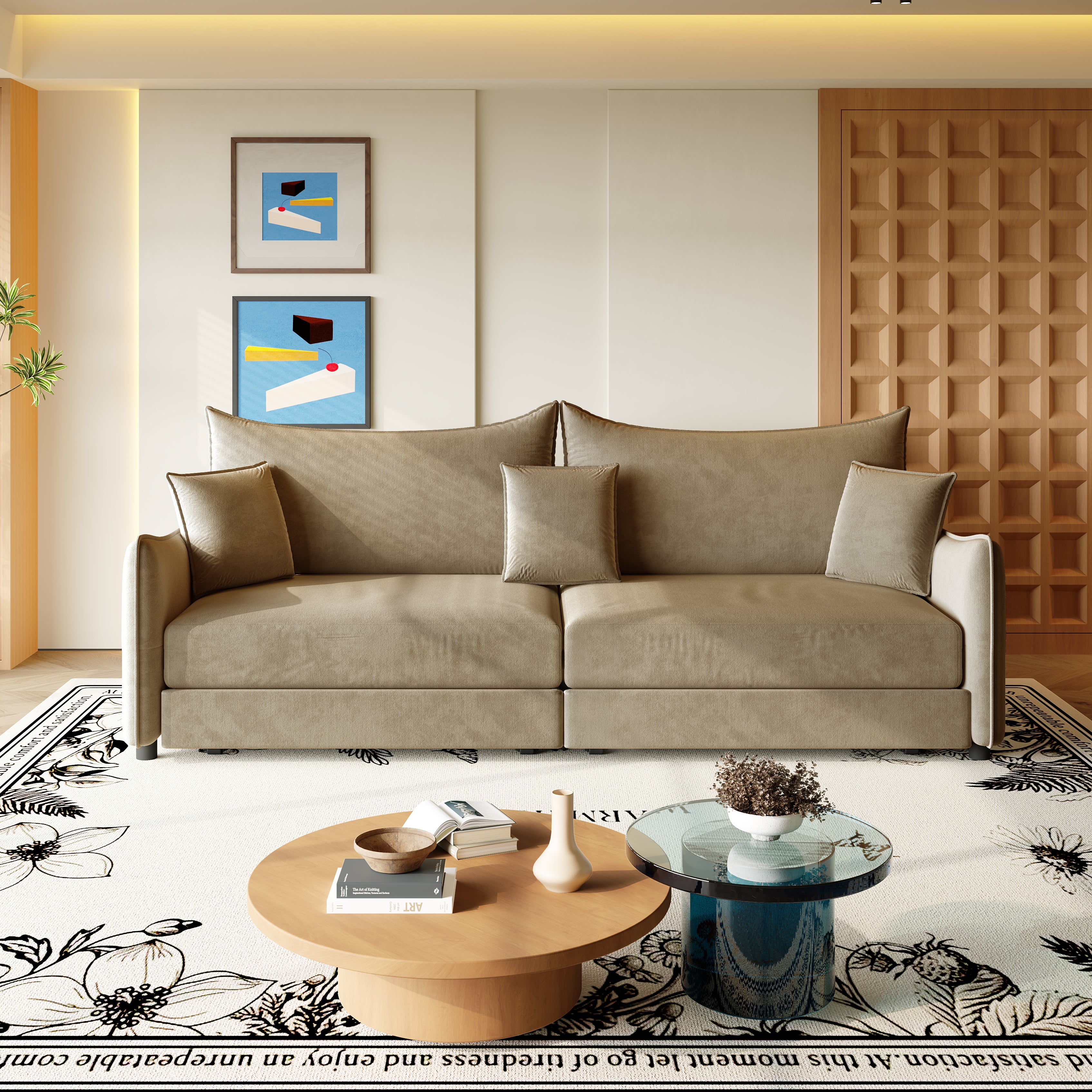 Hesperia light camel sofa bed shown as a sofa in a living room with coffee table