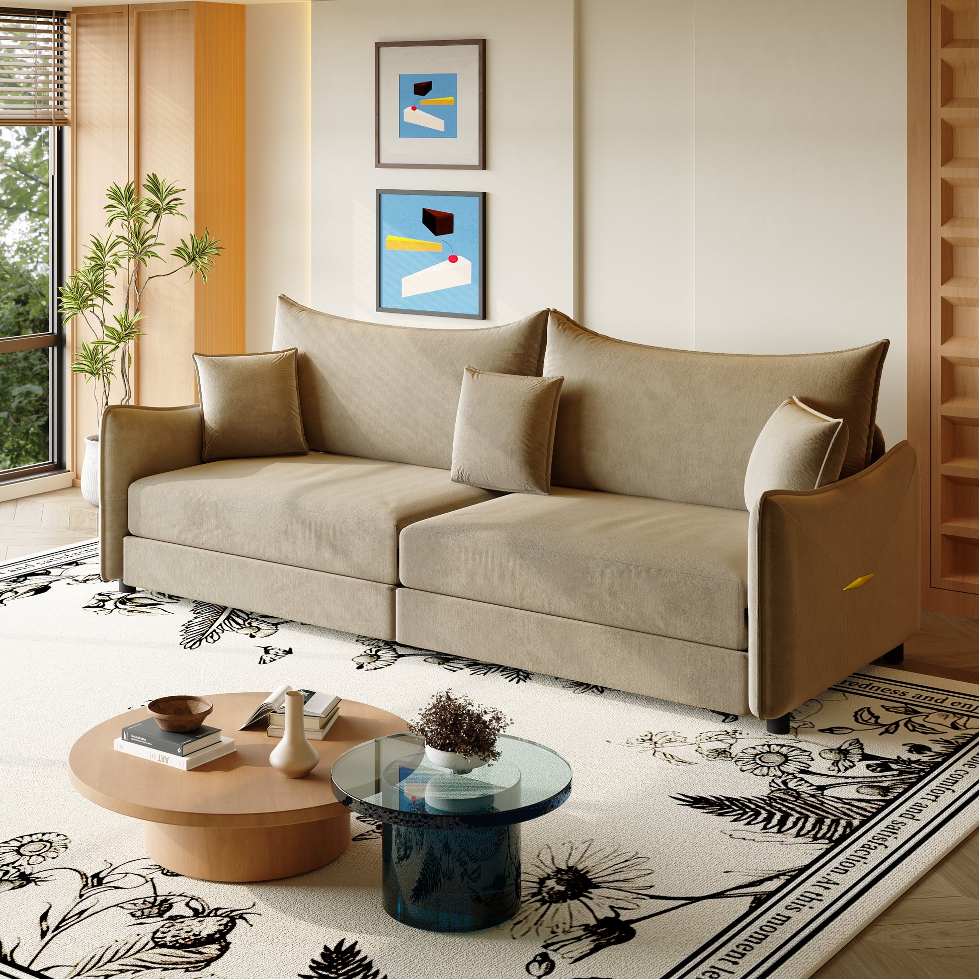 Hesperia light camel convertible sofa shown in a living room from an angled view