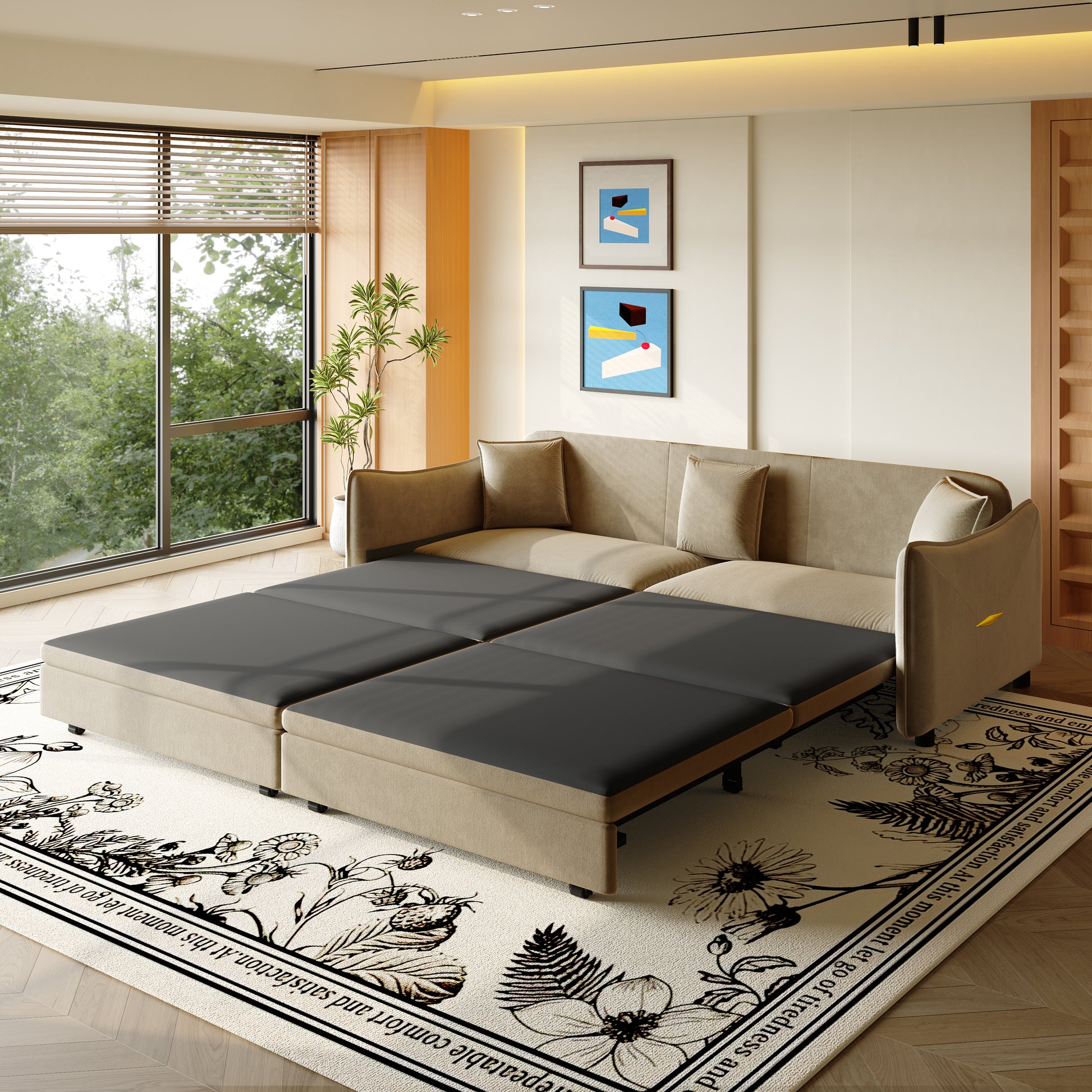 Hesperia light camel sofa bed shown extended in a bright living room