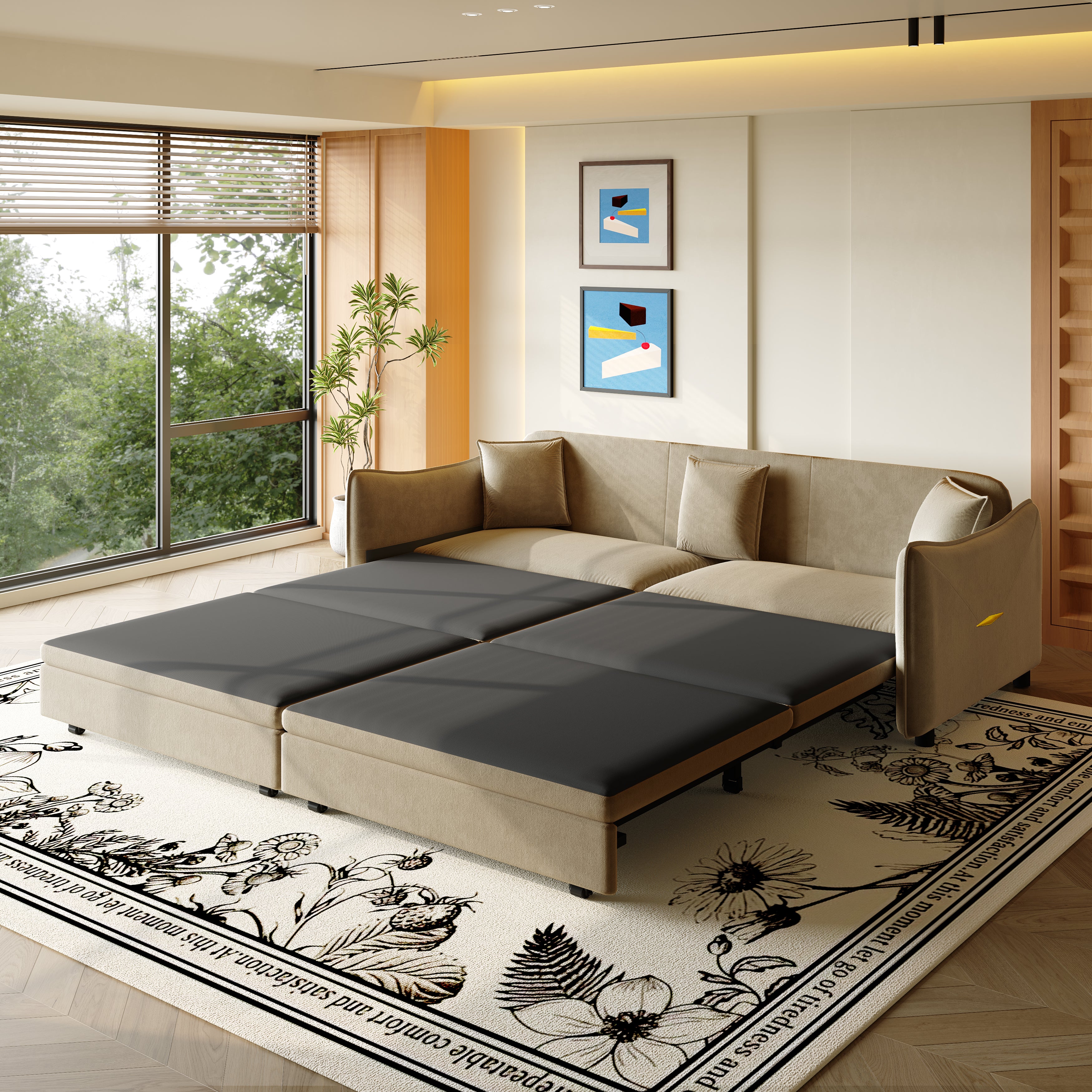 Hesperia light camel sofa bed shown extended in a bright living room