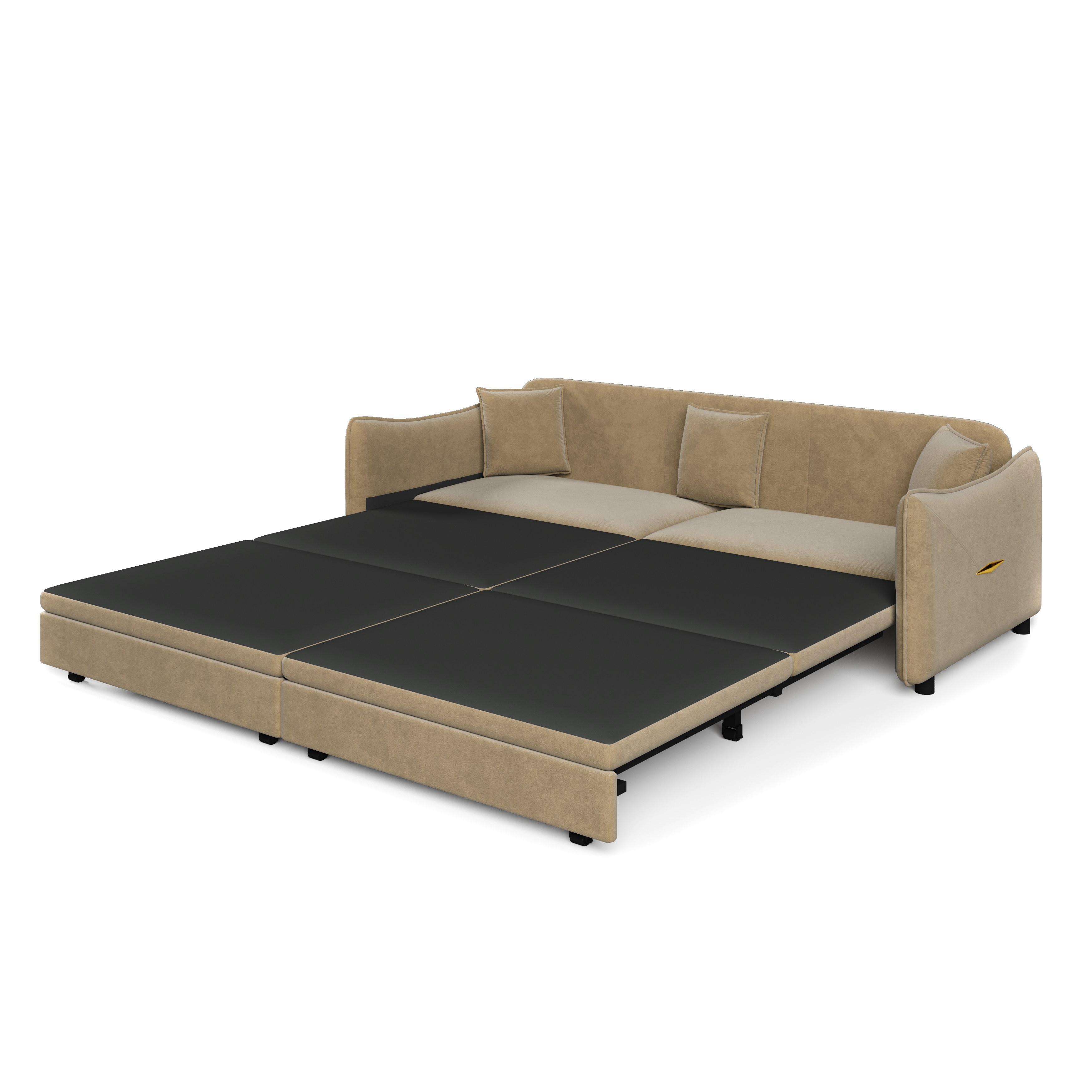 Hesperia light camel sofa bed shown extended on white background