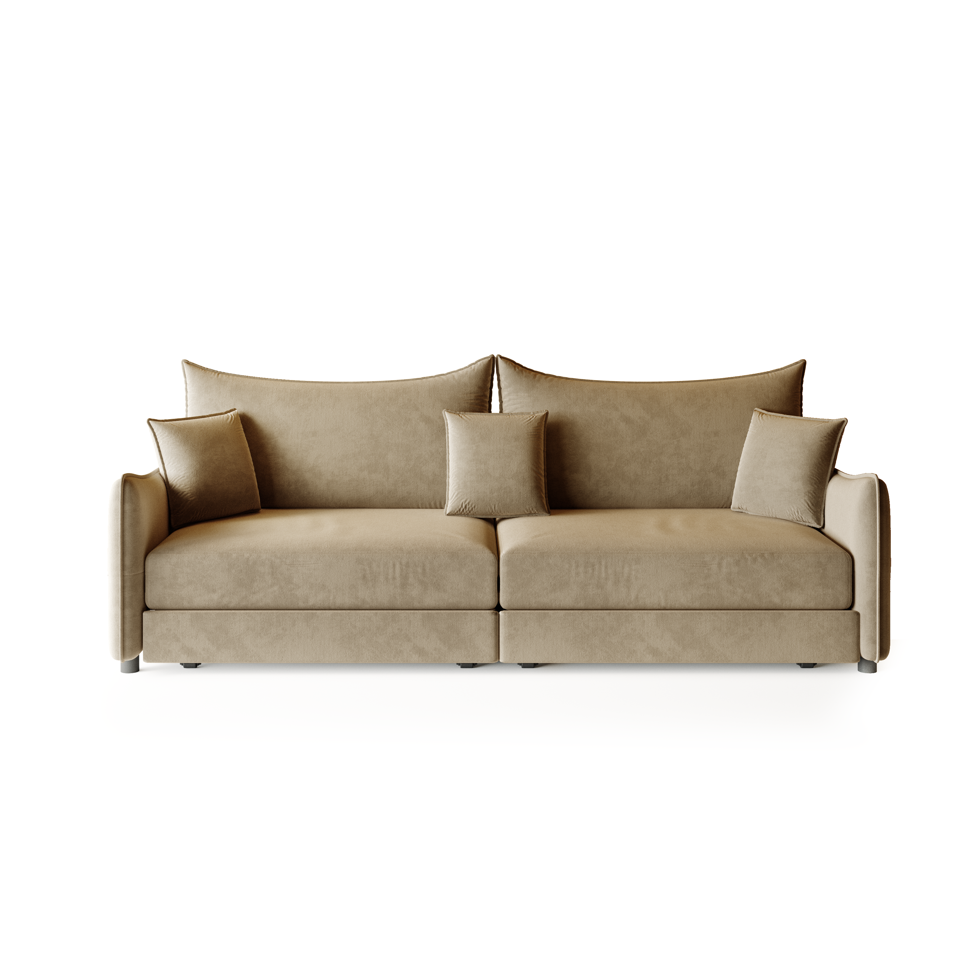 Hesperia light camel sofa with pillows front view on white background