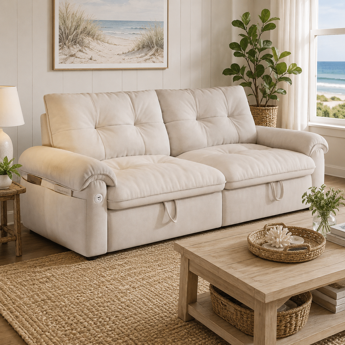 Hillcrest beige pull-out sofa bed styled in a bright living room