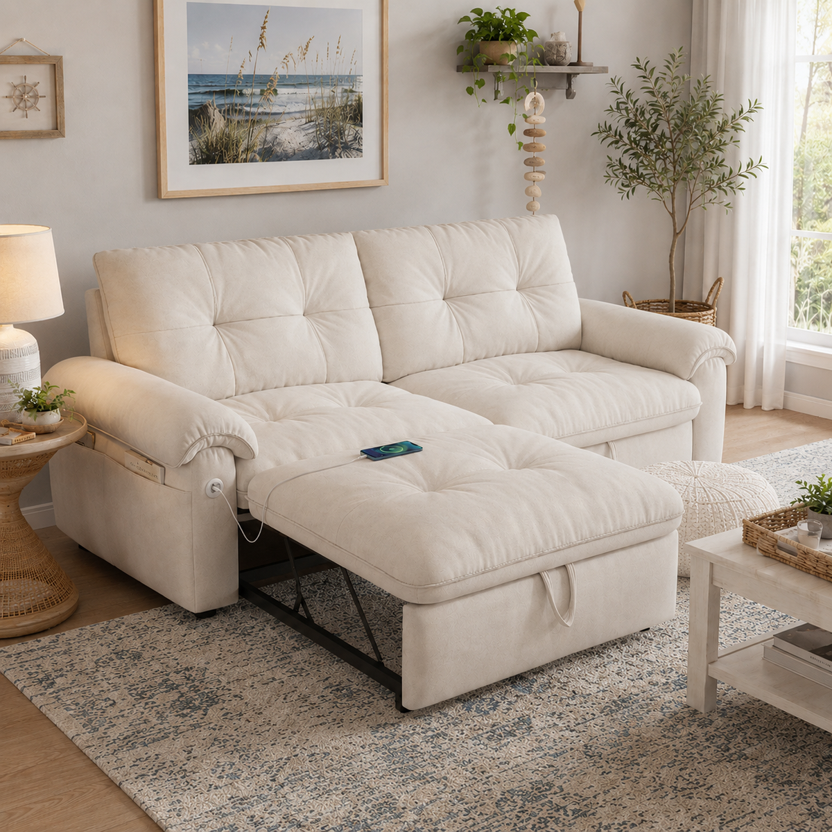 Hillcrest beige sofa bed shown in a neutral living room setting