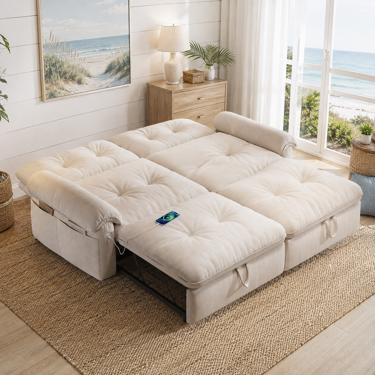 Hillcrest beige sofa bed shown with sleeper extended in a bright room