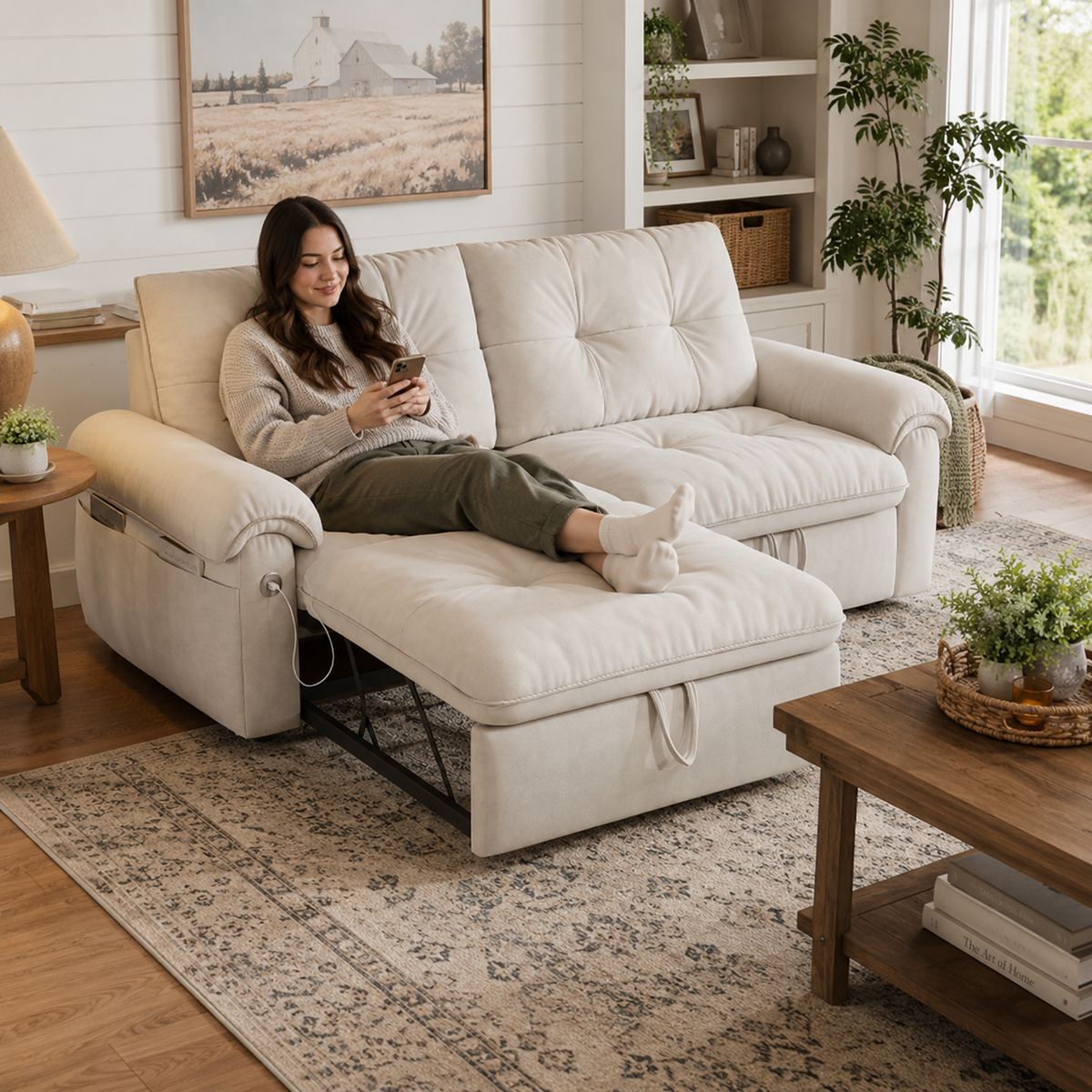 Hillcrest beige sofa bed shown with a woman sitting beside the chaise