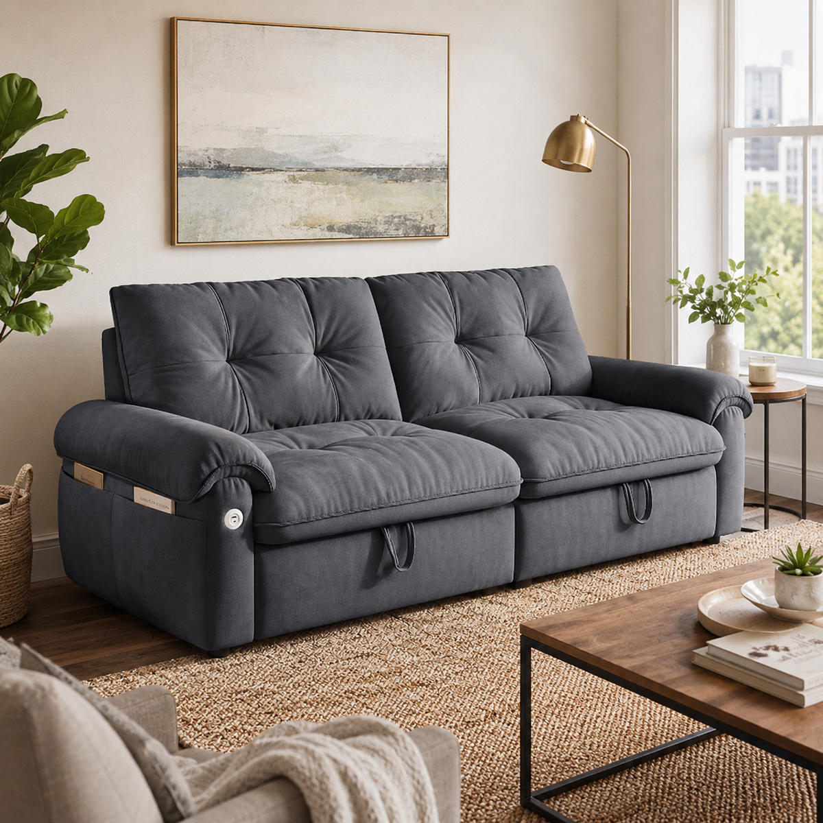 Hillcrest gray pull-out sofa bed styled in a modern living room