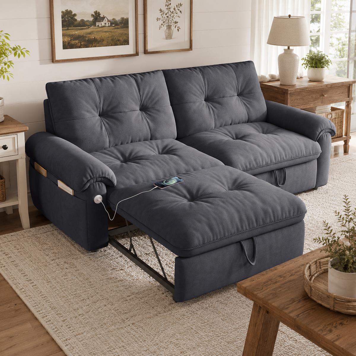 Hillcrest gray sofa bed shown in bed mode in a living room