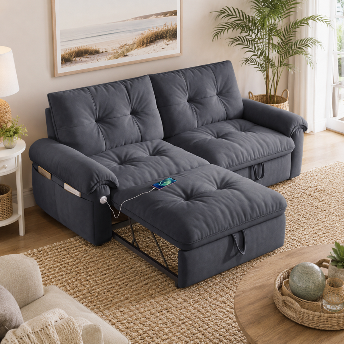 Hillcrest gray sofa bed shown in bed mode in a living room