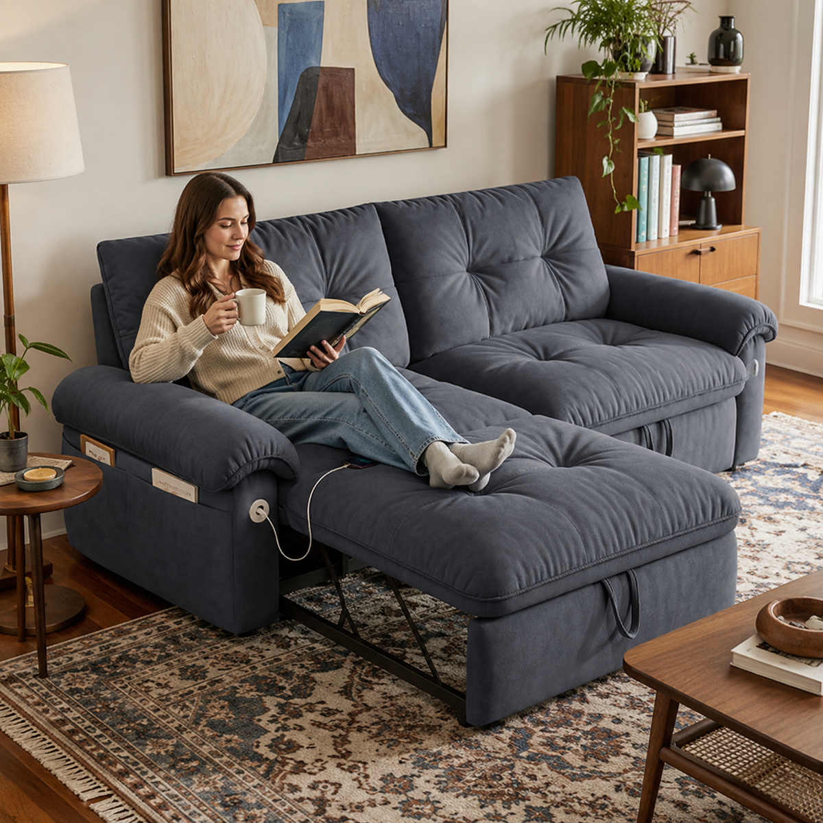 Hillcrest gray sofa bed shown with a woman sitting on the sofa