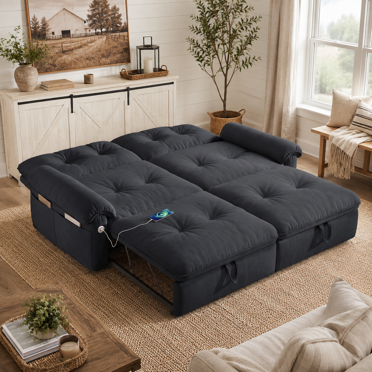 Hillcrest gray sofa bed shown in bed mode in a living room
