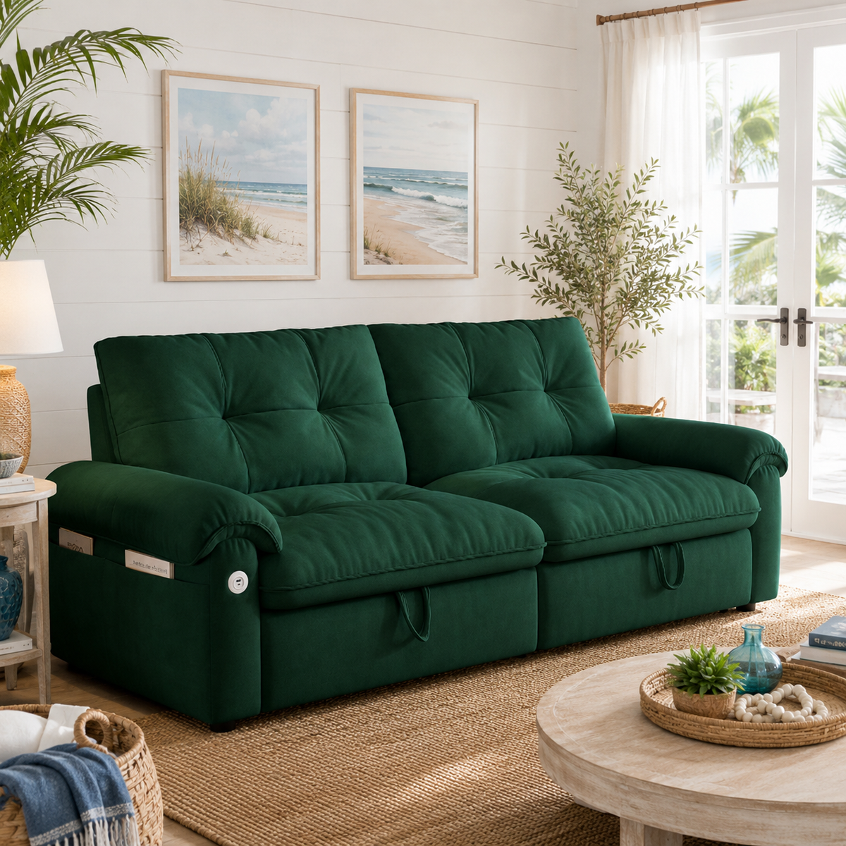 Hillcrest green pull-out sofa bed styled in a bright living room