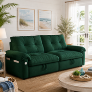 Hillcrest green pull-out sofa bed styled in a bright living room