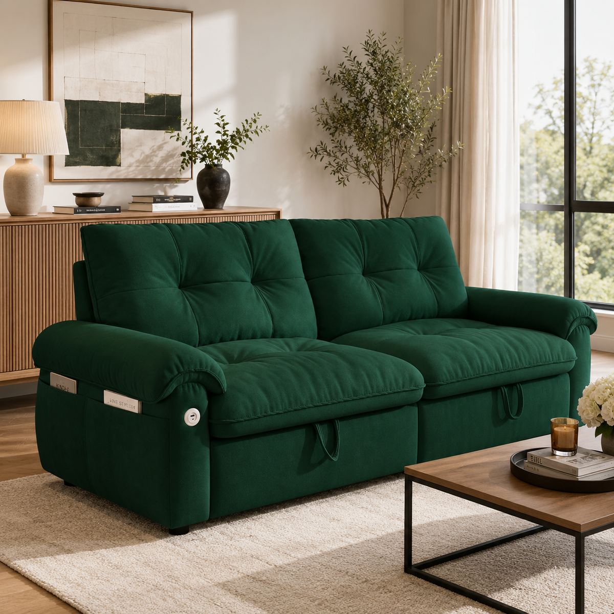 Hillcrest green sofa bed shown in bed mode in a living room