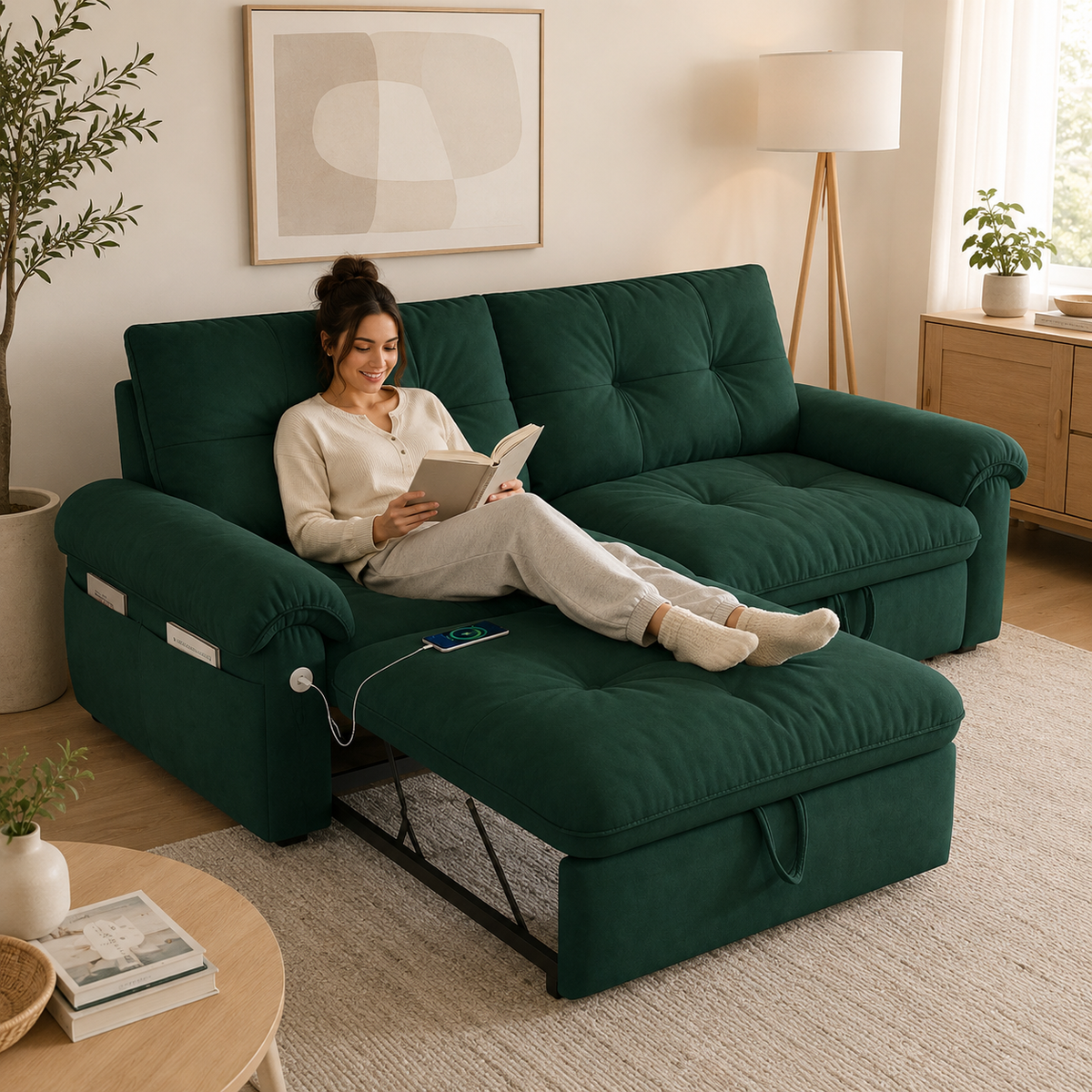 Hillcrest green sofa bed shown with a woman sitting on the sofa