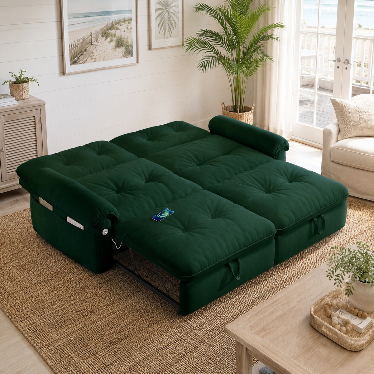 Hillcrest green sofa bed shown in bed mode in a living room