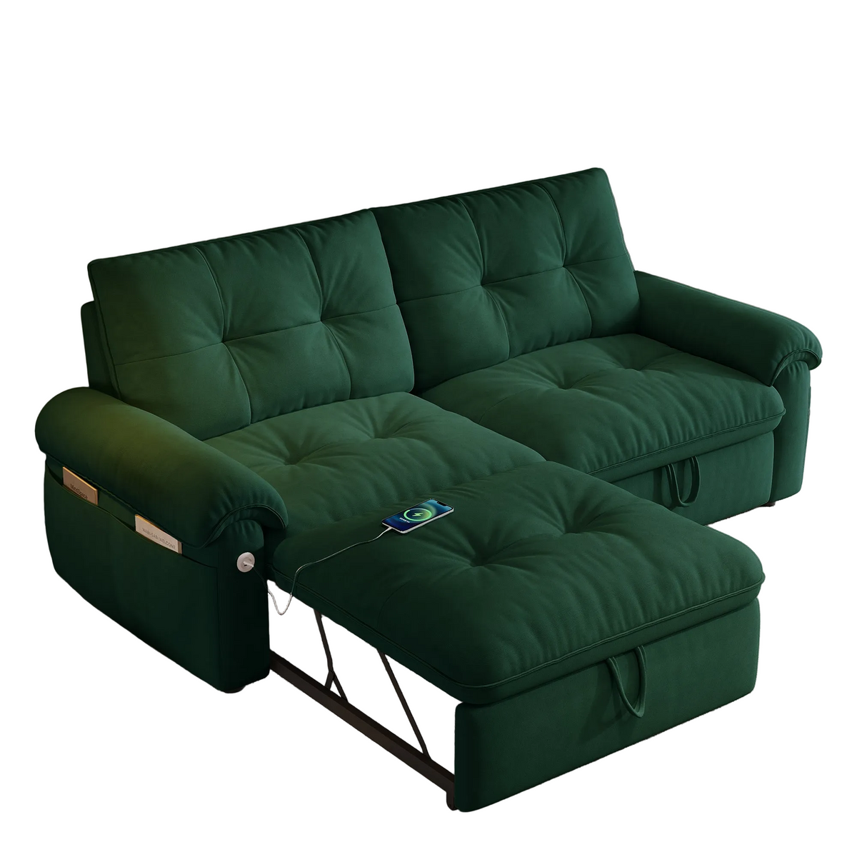 Hillcrest green sofa bed with pull-out sleeper extended on white background