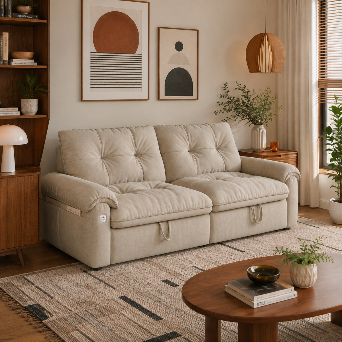 Hillcrest light camel pull-out sofa bed styled in a neutral living room