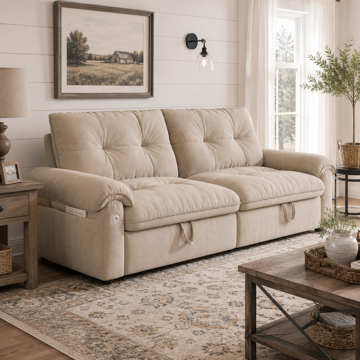 Hillcrest light camel pull-out sofa bed styled in a neutral living room