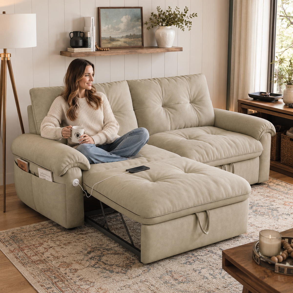 Hillcrest light camel pull-out sofa bed styled in a neutral living room