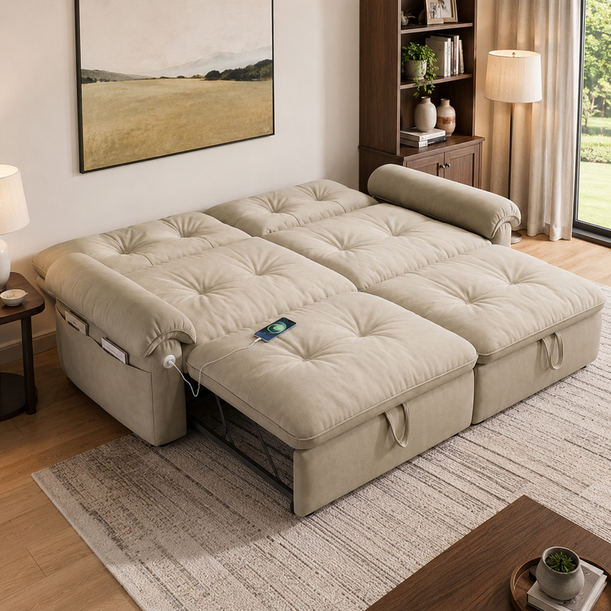 Hillcrest light camel pull-out sofa bed styled in a neutral living room