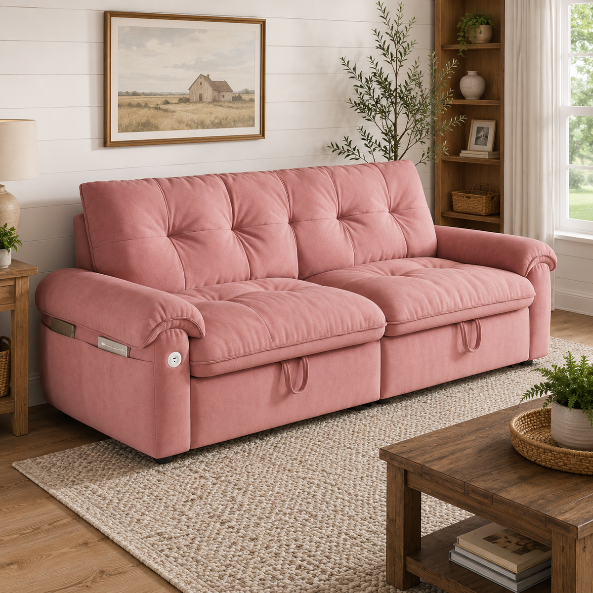 Hillcrest pink pull-out sofa bed styled in a bright living room