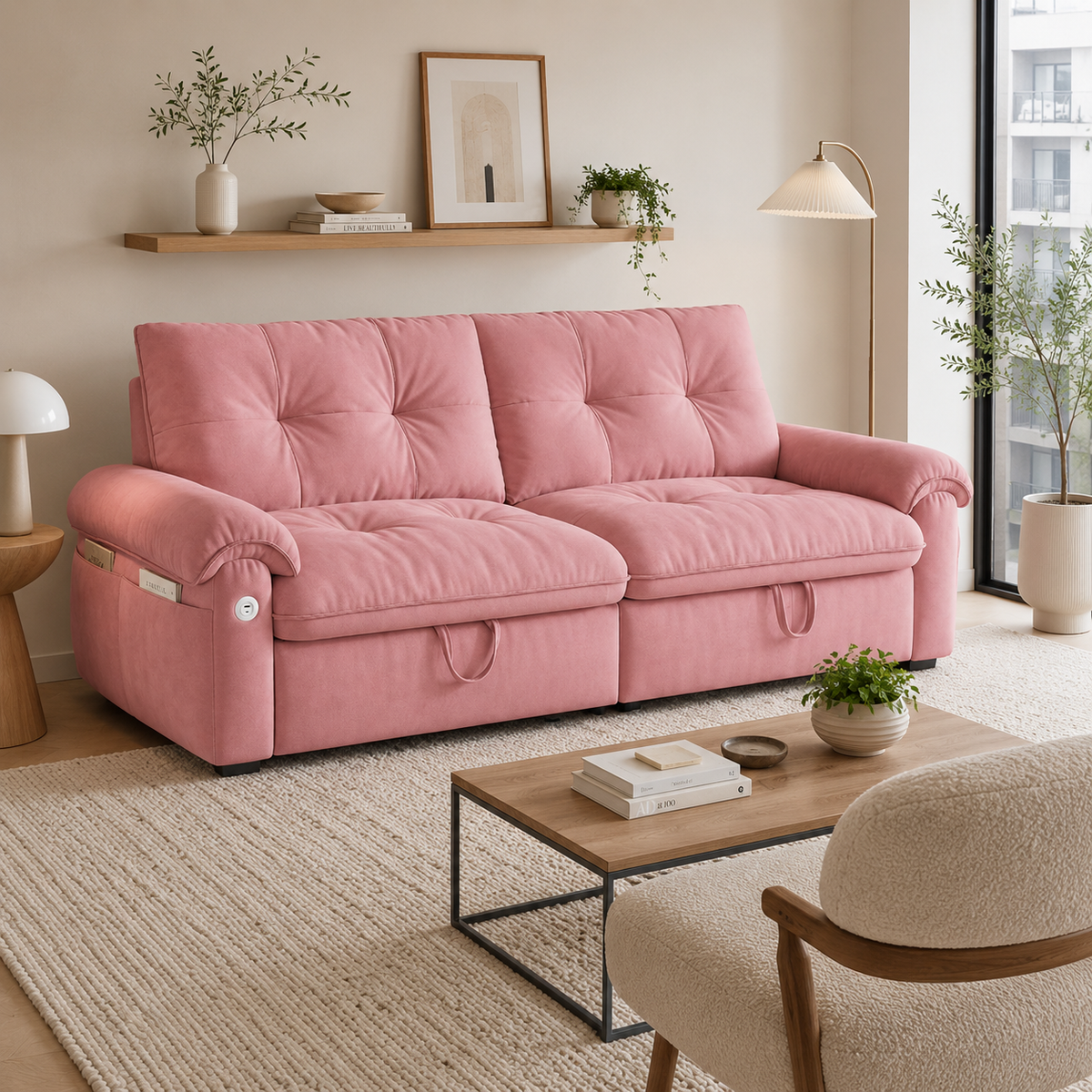 Hillcrest pink sofa bed shown in bed mode in a living room