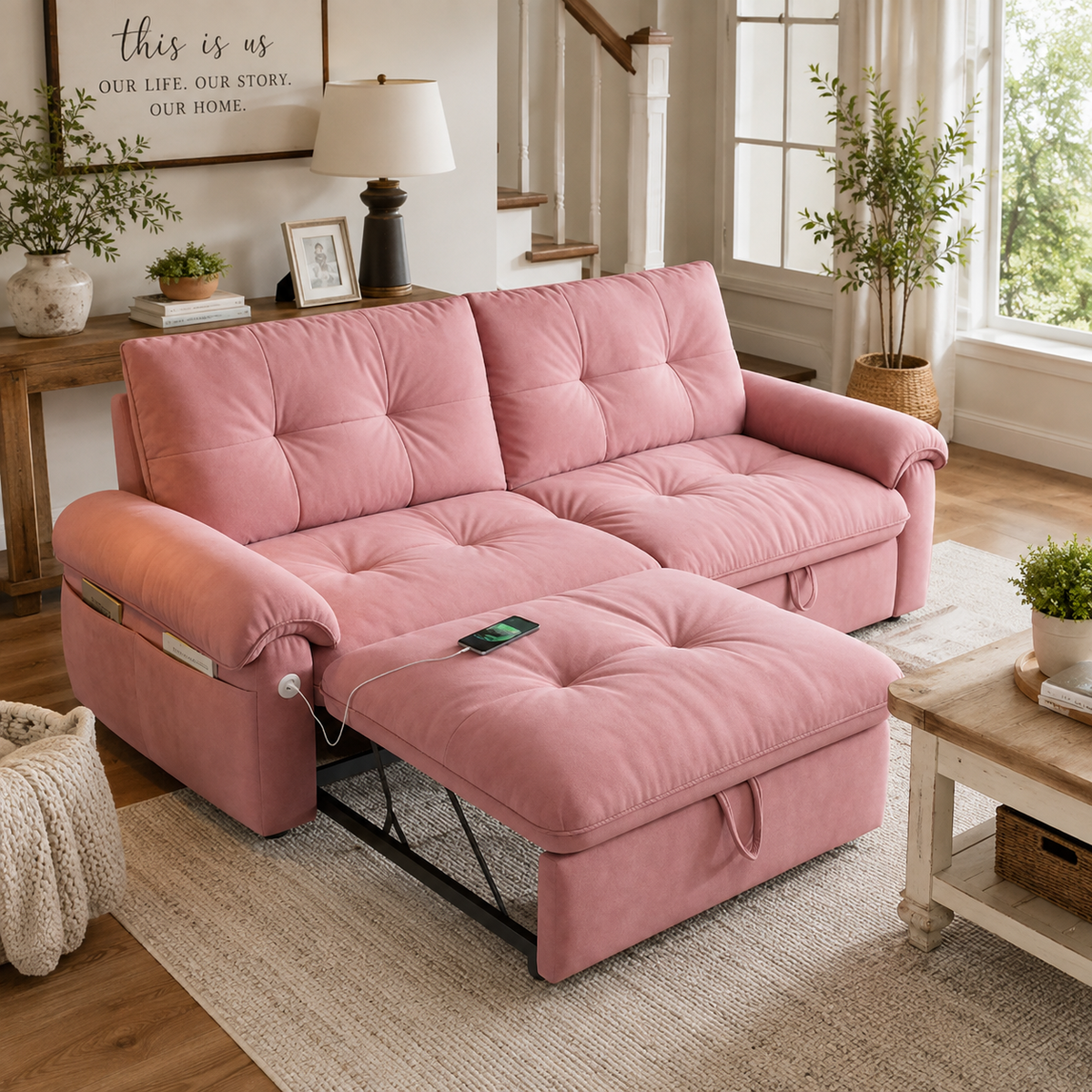 Hillcrest pink sofa bed shown in bed mode in a living room