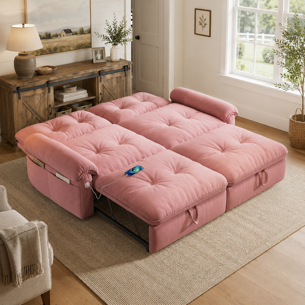 Hillcrest pink sofa bed shown in bed mode in a living room