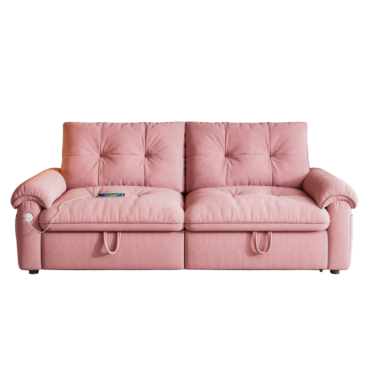 Hillcrest pink pull-out sofa bed front view on white background