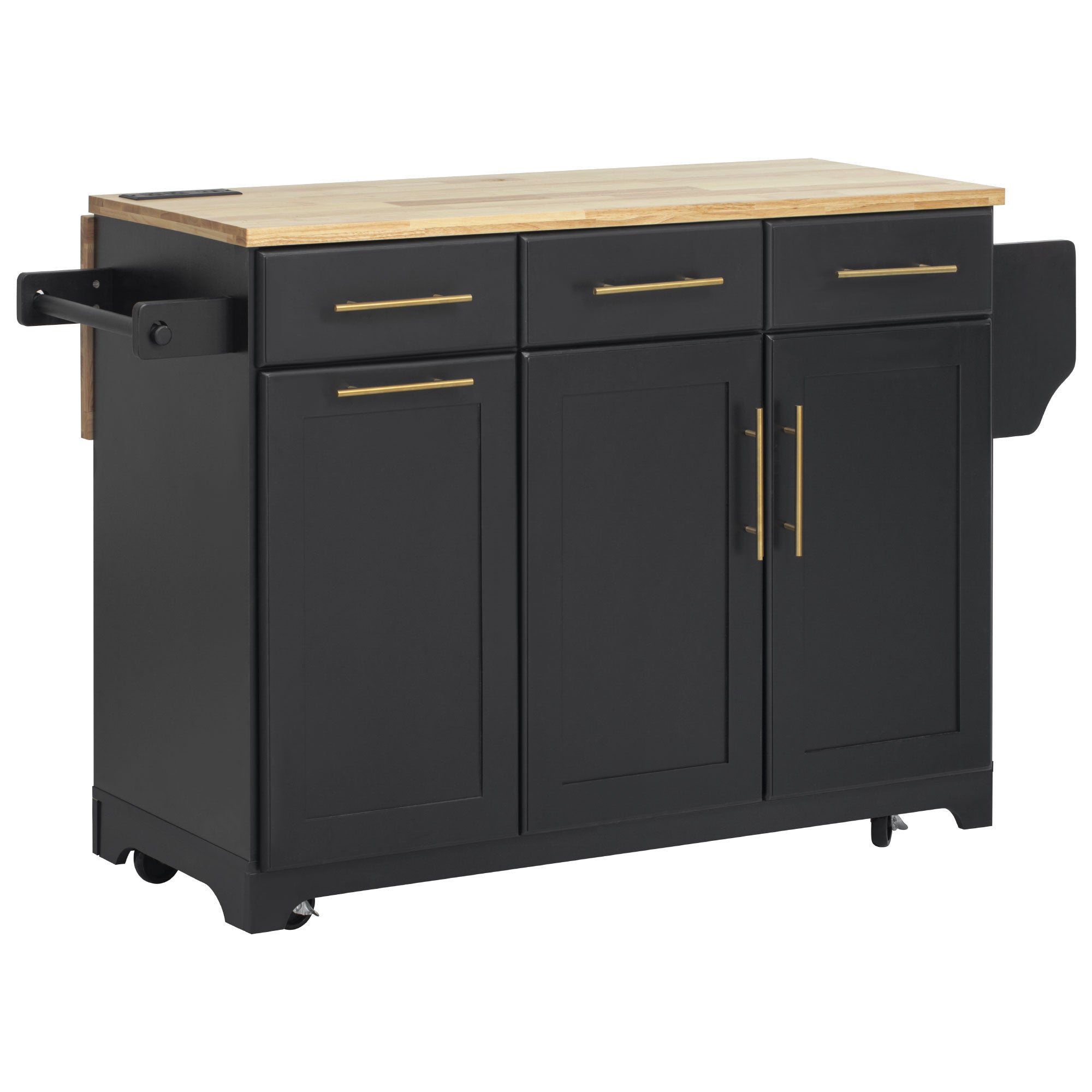 Honfleur rolling kitchen island in black finish with wood countertop drawers and double - door cabinet on white background