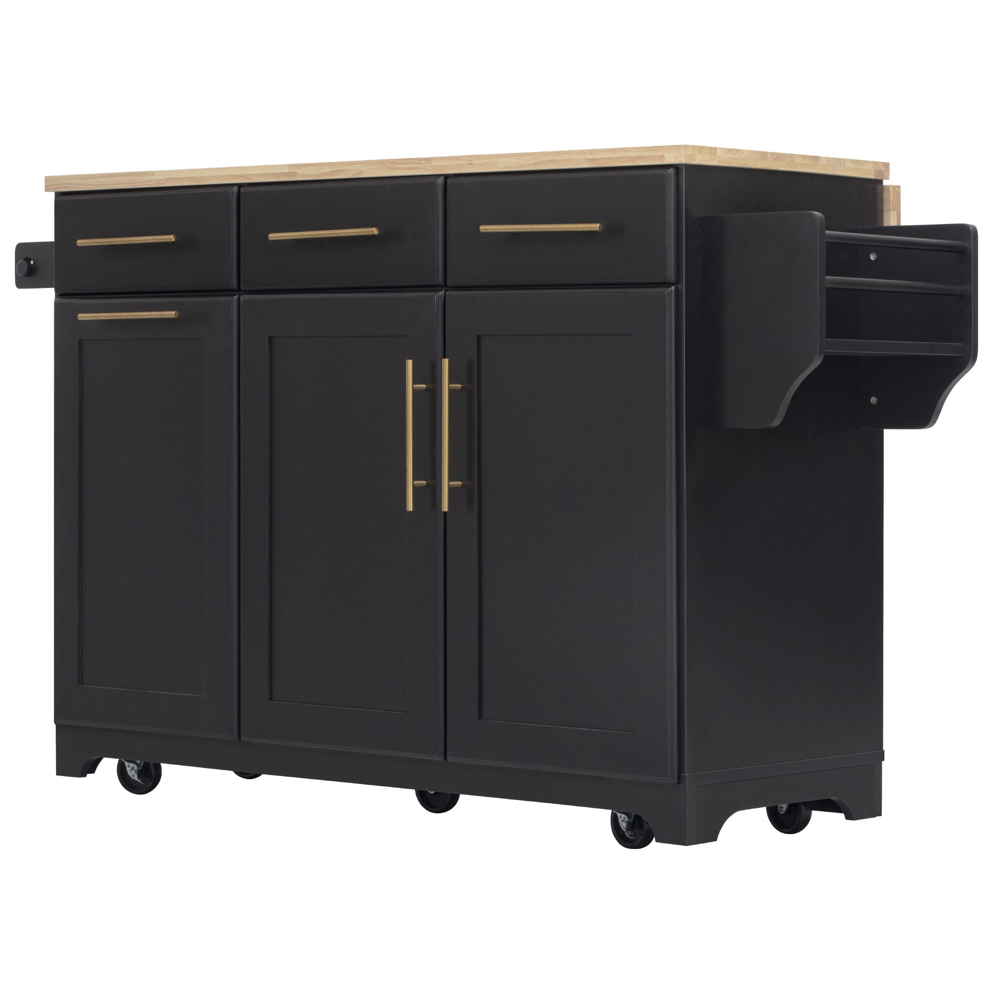 Honfleur rolling kitchen island in black finish with side spice rack storage and wood countertop on white background